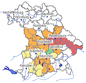 Karte mit aktuellen Warnmeldungen; bei Klick Sprung zum Hochwassernachrichtendienst Bayern